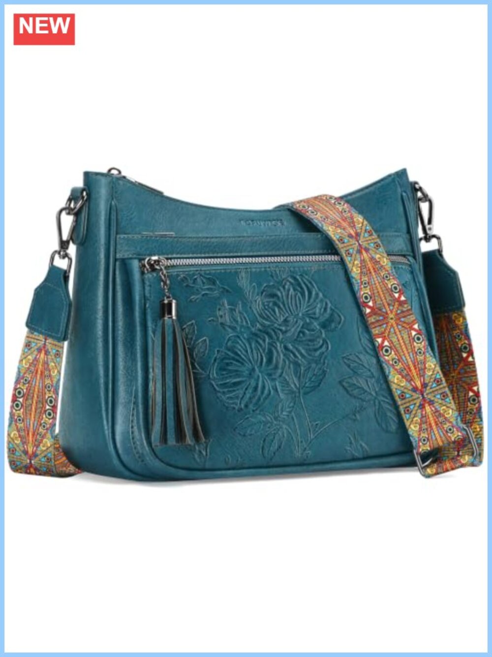 Vegan Leather Crossbody Bag Medium Floral Embossed Adjustable Strap Purse